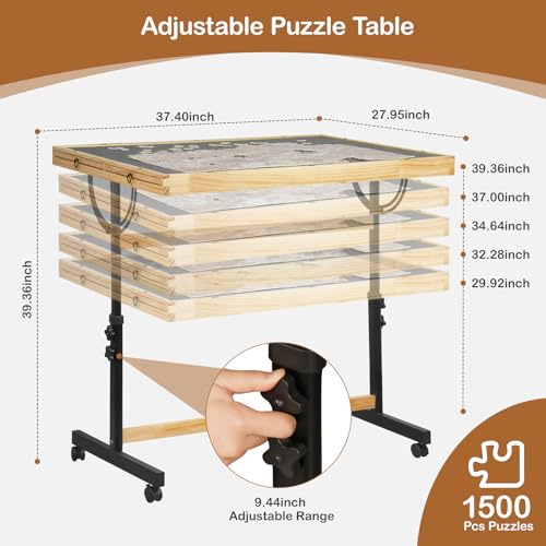 Solid Wood Jigsaw Puzzle Table with Drawers & Lockable Wheels, Tilting Puzzle Board 0-90° Adjustable, 1500 Pieces Puzzle Board with Legs, 37.4” x 27.9“ Portable Puzzle Table with Legs - color: Grey