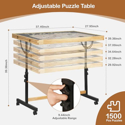 Solid Wood Jigsaw Puzzle Table with Drawers & Lockable Wheels, Tilting Puzzle Board 0-90° Adjustable, 1500 Pieces Puzzle Board with Legs, 37.4” x 27.9“ Portable Puzzle Table with Legs - color: Grey