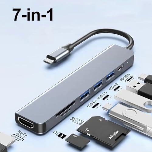 USB-C Hub Multi-Function Adapter 7-in-1 (Including 4K HDTV, 100W PD, USB 3.0, SD/TF Card Reader), Compatible with MacBook Air/Pro, iPad, Dell XPS, with Ethernet Port - size: 7in1