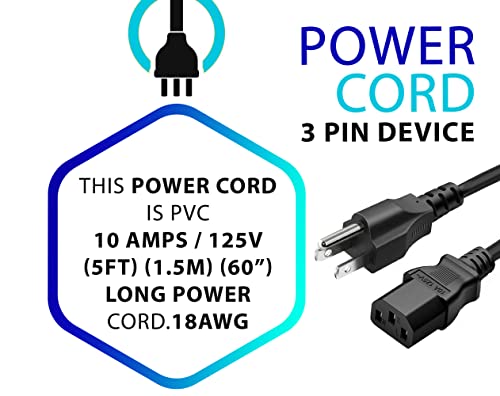 Standard 5ft (1.5m) 10 Amps 125 Volts Black 3 Prong AC Power Cord Cable for Electronics, TV, Computer, Printer, Radio, Monitor, Samsung, Dell, Vizio, LG, Asus, Laptop and More - size: 5-feet