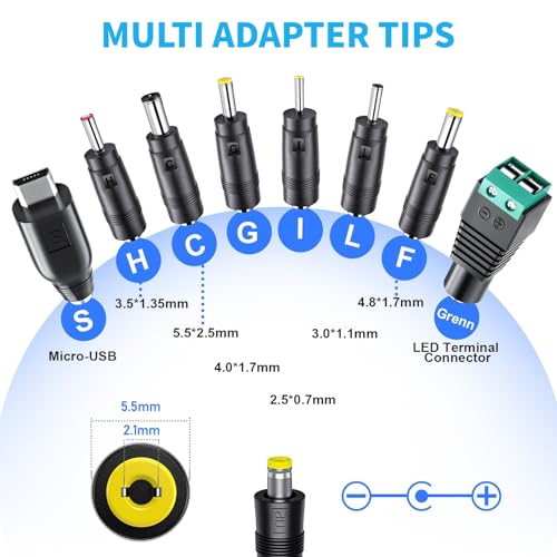 SoulBay 12V Power Supply Universal AC DC Adapter Charger with Adjustable Output 5V 9V 3V 6V 4.5V 7.5V 12 Volt 1A 1.5A 2A for LED Strip Light CCTV Camera BT Speaker GPS Webcam Router, 5 FT Cord, 30W