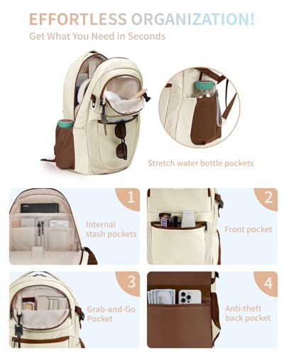ECOHUB Travel Backpack for Women, 17.3 inch Suspended Laptop Backpack, Fashion Water-Resistant 28L Personal Item Bag with 12 Pockets for Causal, Work, Cream & Brown - color: Cream & Brown