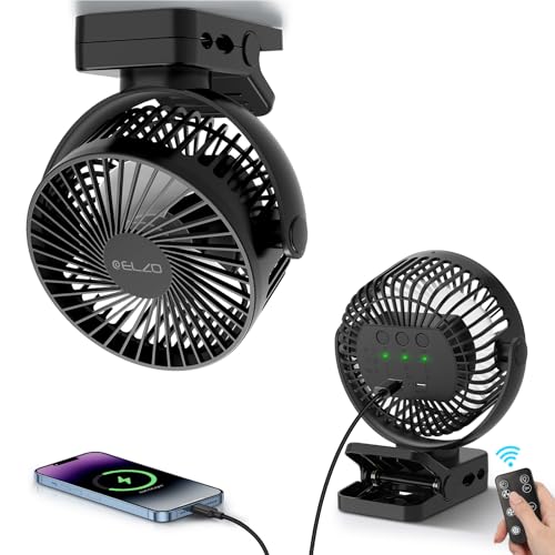 ELZO 12000mAh Clip on Fan, USB Desk Fan Rechargeable with LED Light & Hanging Hook & Magnetic (Black)