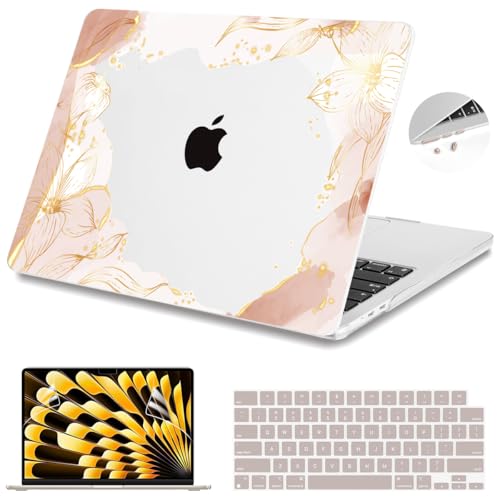Teryeefi for MacBook Air 15 inch Case M4 M3 M2 Chip 2025 2024 2023 Released Model A3241 A3114 A2941, Designed Hard Shell Cover & Screen Protector & Keyboard Cover- Art Gold Floral Line - color: Art Gold Floral Line