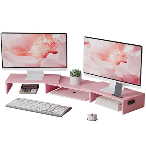 BONTEC Dual Monitor Stand Riser with Smartphone Holder, Adjustable Length & Swivel Angle, Ergonomic Wooden Desktop Organizer for PC Monitor, Laptop, Printer, Large Storage, 42.5 in, Pink - color: Pink, size: 42.5 in