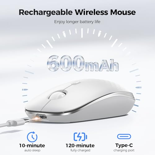 TECKNET Rechargeable Slim Portable Silent Computer 2.4 GHz Wireless Mouse | Lightweight Ambidextrous with USB-A Receiver, 4000 DPI Optical Tracking 90-Day Battery Life, Compatible with PC, Mac, Laptop - color: Silver white