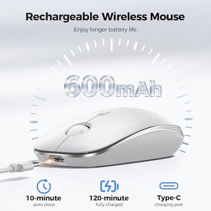 TECKNET Rechargeable Slim Portable Silent Computer 2.4 GHz Wireless Mouse | Lightweight Ambidextrous with USB-A Receiver, 4000 DPI Optical Tracking 90-Day Battery Life, Compatible with PC, Mac, Laptop - color: Silver white