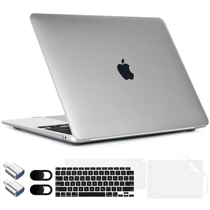 TWOLSKOO for MacBook Air 13 Inch Case 2021 2020 20219 2018 M1 A2337 A2179 A1932 Touch ID, Sturdy & Durable Protective & Ultra Thin Armor Plastic Hard Shell Case Cover with Type C Adapter, Matte Grey
