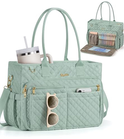 Bagstellar Teacher Tote Bag for Women, 15.6" Laptop Work Tote Computer Bag | Quilted Bible Nurse Bag with 40oz Cup Holder, Insulated Pocket & Strap, Large Laptop Briefcase for School Travel Office Gifts - color: Sage Green