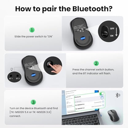 TECKNET Rechargeable Bluetooth Mouse, [ USB + BT5.0 + BT3.0 ] Wireless Mouse, Full-Size, Silent Click, 6-Level 4800 DPI Wireless Mice, 3-Device Switching for Laptop, Computer, iPad, MacBook