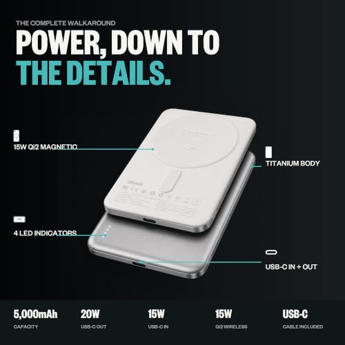 BMX Air Semi-Solid Power Bank, 5000mAh Qi2 (Silver) | World's thinnest semi-solid 5000mAh at 6.8mm; semi-solid-state safety; MagSafe-compatible 15W Qi2; 20W USB-C; titanium shell - color: Silver