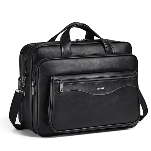 Shrrie Leather Laptop Bag Fits 17 to 17.3 Inch for Men and Women,Vintage Business Briefcase Laptop Messenger Work,Travel - color: Black