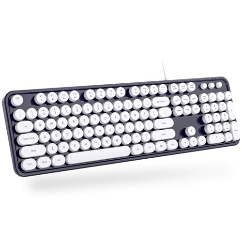 MOWUX Computer Keyboard Wired, Plug and Play USB Retro Round Typewriter Keyboard, Full Size Wired Keyboard with Foldable Stands for Laptop and Office PC- Dark Blue - color: Dark Blue