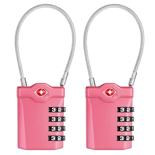 ZHEGE Travel Locks TSA Approved, 4 Digit Cable Luggage Locks (2 Pack, Pink) | Inspection Indicator, for Suitcase, Backpack, Cabinet, Toolbox, Gym & School Locker - color: 2p Pink