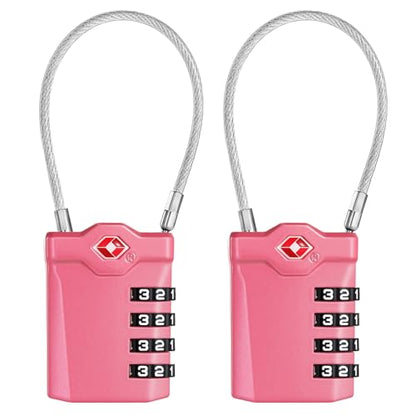 ZHEGE Travel Locks TSA Approved, 4 Digit Cable Luggage Locks (2 Pack, Pink) | Inspection Indicator, for Suitcase, Backpack, Cabinet, Toolbox, Gym & School Locker - color: 2p Pink