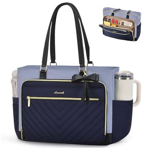 LOVEVOOK Tote Bag for Women, Work Bags Laptop Bag with Large Cup Holder, Quilted Nurse Bag Diaper Tote with Multi-Pockets, Large Computer Handbag Purse for Bussiness Travel, 15.6 Inch - color: Navy Blue-gray Blue-black, size: 15.6 Inch