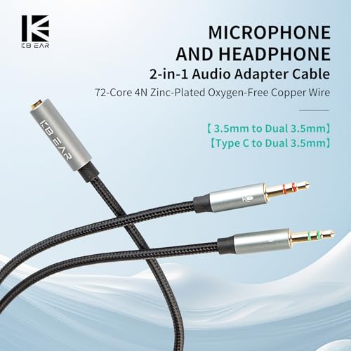 EZ EAR KBEAR KA01 Headphone Splitter，4N OFC Headset Splitter Cable for Computer 3.5MM Female to 2 Dual 3.5mm Male Braided Audio Cable Earphones Port Cord Gaming Headset to PC Laptop Adapter (3.5mm)
