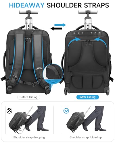 Large Rolling Backpack for Women&Men, 50L Travel Backpack with Wheels, Wheeled Backpack with USB C Port,TSA Lock Carry On for Travel, College, Teacher - color: Black-512