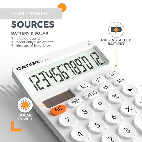 CATIGA 12 Digit Desktop Calculator Basic Desk Calculator with Large LCD Display, Big Buttons, 4 Function, Solar and Battery Dual Power, for Office, School, Home, SD-1292 White - color: 4) White