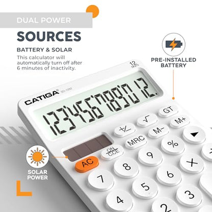 CATIGA 12 Digit Desktop Calculator Basic Desk Calculator with Large LCD Display, Big Buttons, 4 Function, Solar and Battery Dual Power, for Office, School, Home, SD-1292 White - color: 4) White