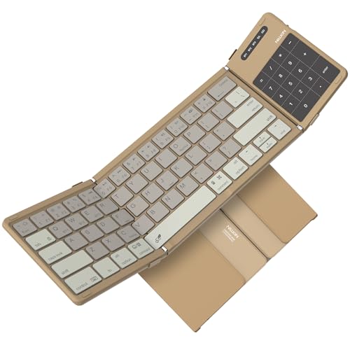 Nillkin Bluetooth Foldable Keyboard with Touchpad & Number Pad, Pocket-Size Portable Keyboard with Full Size Keys, Wireless Keyboard with Trackpad for 3 Devices iPad Tablet Laptop Phone, Khaki - color: Khaki