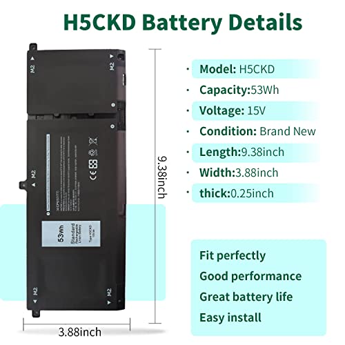 53Wh H5CKD 15V Battery Replacement for Dell Inspiron 5400 5406 7405 7300 | 7306 7500 7506 2-in-1 Silver 5300 5301 5401 5402 5408 5409 5501 5502 5508 5509 Series Latitude 3410 3510 Vostro 5300 5301 - size: 9.38*3.88*0.25inch H5CKD