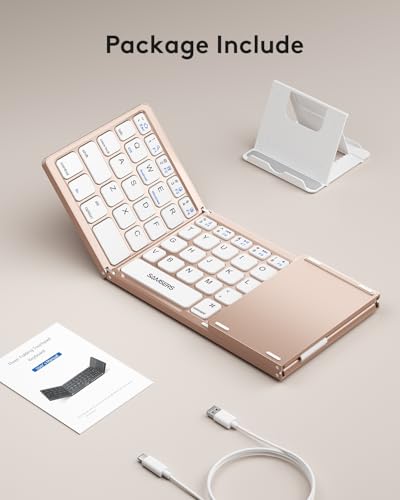 Samsers Foldable Bluetooth Keyboard with Touchpad, Ultra Slim Compact, Pink | Multi-touch Trackpad, Full Size, Phone Holder, USB-C Charging, 1 Device, for Android Windows iOS Mac OS, Mobile Productivity - color: Rose Gold, size: 1-Device