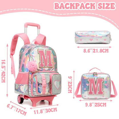 HTgroce Cute Rolling Backpack with Wheel,School Backpack for Kids Girl Roller Schoolbag Wheeled Backpacks Set Carry-on Luggage,Pink M - color: Pink, style: M