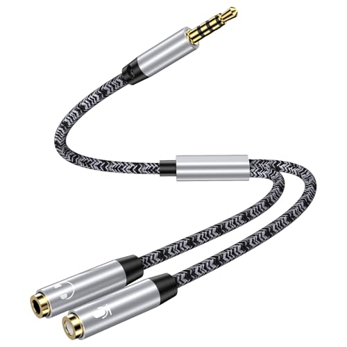 Headphone Mic Splitter [10in], 3.5mm 2 TRS Female to 1 TRRS Male Mic and Audio Y Splitter Extension Cable Headset Adapter Cable Braided for New Version Laptop/Xbox/Tablets/PS4/PS5/PC Gaming Headsets