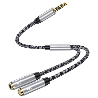 Headphone Mic Splitter [10in], 3.5mm 2 TRS Female to 1 TRRS Male Mic and Audio Y Splitter Extension Cable Headset Adapter Cable Braided for New Version Laptop/Xbox/Tablets/PS4/PS5/PC Gaming Headsets