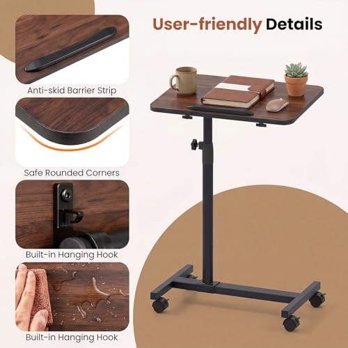 GIANTEX Overbed Table with Wheels, Medical Adjustable Bedside Table, Walnut | Mobile Standing Desk, Portable Laptop Table for Small Spaces, Bed Trays Table for Eating Home and Hospital - color: Walnut