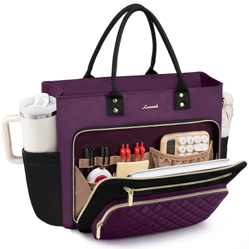LOVEVOOK Teacher Nurse Diaper Bag, Purple Laptop Tote Bag for Women Work | Fits 15.6 Inch Laptop, With Large Cup Holder & Multi-Pockets, Professional Computer Briefcase, Business Large Purses, Gifts - color: Black-purple, size: 15.6 Inch