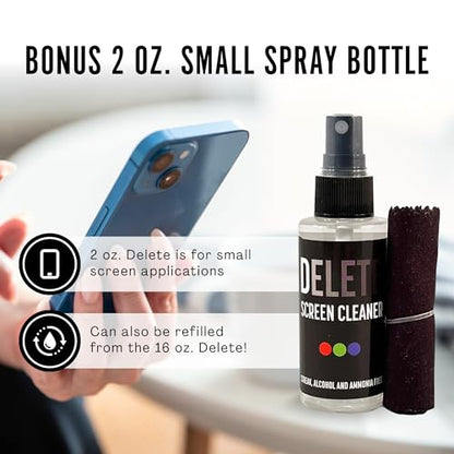 Delete Screen Cleaner Spray Kit 16oz & 2oz Bottle, 12"x12" Microfiber Cloth | Streak-Free, Safe and Gentle Cleaning Formula, Multi-Purpose for TVs, Computers, Monitors, Smart Phones, Made in USA - style: 2 Pack, 16oz and 2oz