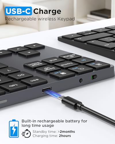 JOYEKY Wireless Number Pad Bluetooth 5.0 & 2.4G Numeric Keypad for Laptop | Number Pad for Laptop,USB-C Rechargeable,34-Keys Bluetooth Numeric Keypad,Compatible with Laptop, Mac,Tablet, PC Desktop - color: L-black