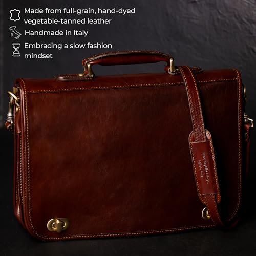 Time Resistance Leather Briefcase for Men - Italian Full Grain Leather Laptop Bag - Messenger Bag - Gift Box Included - color: Dark Brown