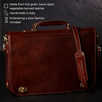 Time Resistance Leather Briefcase for Men - Italian Full Grain Leather Laptop Bag - Messenger Bag - Gift Box Included - color: Dark Brown