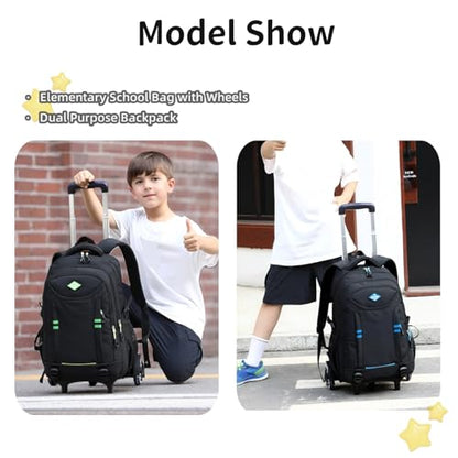 Rolling Backpack for Boys Elementary School Bag with Wheels Travel Trolley Bag 2 wheels and 6 wheels - color: Black/Blue 6 Wheels, size: 6 wheels
