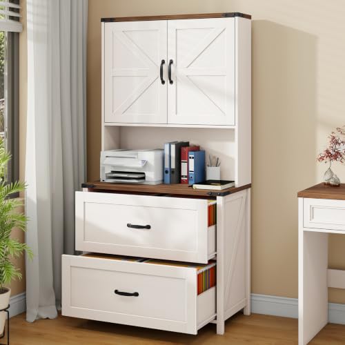 Halitaa File Cabinet 2 Drawers Lateral File Cabinet, Rustic White | With Adjustable Shelf for Letter/Legal/A4 Size Hanging Files, Large Wood File Storage Cabinets Printer Stand for Home Office - color: Rusic White and Brown