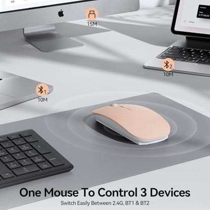 TECKNET Bluetooth Wireless Mouse, Rechargeable Silent Portable Computer Mouse, 6 Adjustable DPI, Dual Mode (Bluetooth 5.2/3.0 and 2.4G USB Receiver) for Laptop, iPad, MacBook, PC, Desktop, Android - color: pink