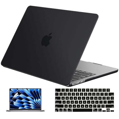 EooCoo Case for MacBook Air 15 inch M5 M4 M3 M2 2026-2023, Matte Black | Easy to Install, Sturdy, Plastic Hard Shell Case & Keyboard Cover & Screen Protector, Model: A3448 A3241 A3114 A2941 - color: Matte Black