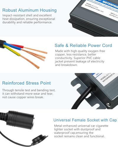 ALITOVE AC to DC Converter 110V to 12V 12.5A Cigarette Lighter Adapter | Waterproof AC to DC Adapter 150W，120V to 12 Volt Converter 12.5Amp 10A, for for Car Vacuum Fridge Inflator and Other Device - size: 12.5A 150W (IP67)