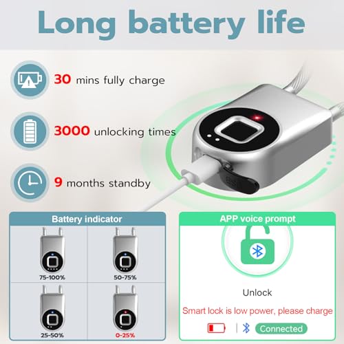 Fingerprint Cable Lock, Fridge Lock with Fingerprint Bluetooth APP Control, Smart Biometric Waterproof Child-Proof Refrigerator Locks for Kids & Adults Fridge French Door Cabinet Gate - color: Silver