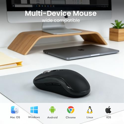 INFINMIND Wireless Bluetooth Multi-Device Mouse with 5 Programmable Buttons, 4-Way Navigation Scroll, 5 Level DPI, Quiet Click Mice Compatible with Computer, Laptop, PC, iPad, Tablet, MacBook.