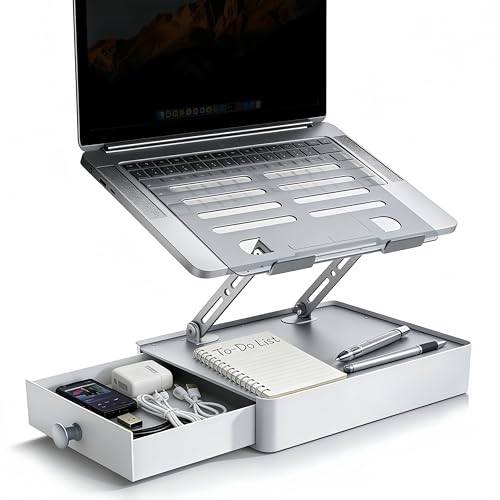 Laptop Stand with Storage Drawer, Heavy-Duty Metal Laptop Riser for Desk, Ergonomic Height & Angle Adjustment for 10–16.2″ Laptops, Silver - color: Silver