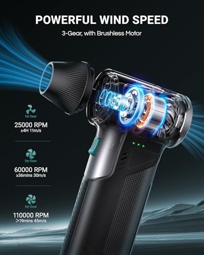 T150 Compressed Air Duster, Mini Hand Blower 110000RPM, 3-Gear Handheld Cordless Blower with Fast Charging, Portable Electric Air Blower for PC, Car, Outdoor, Keyboard