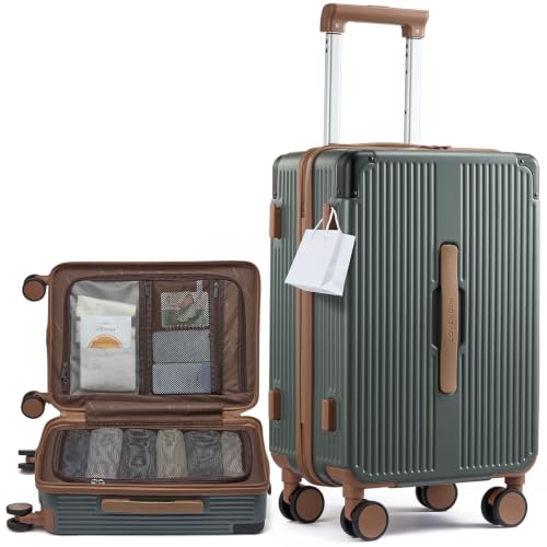 LOVEVOOK Hardside Carry On Luggage 22x14x9 Airline Approved, Small Suitcase | 20 Inch Hard Shell with 3 Multiple Handles, Silent 360° Spinner Wheels With TSA Lock for Trip - color: Green&Brown