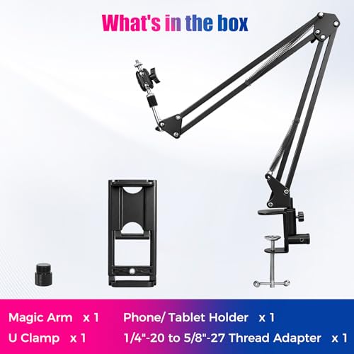30" Magic Arm Holder w Clamp - Overhead Phone Mount for Desk, Smooth 360° 1/4" & 5/8" Thread Webcam Stand for Phone, Tablet, Webcam, Mic, Camera - Content Creators & Streaming