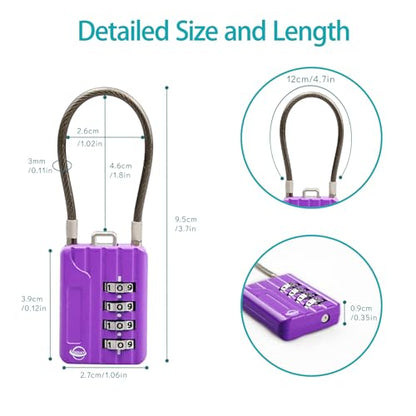4 Digit Cable Combination Locks 4.7 inches Cable for School Gym Locker,Helmet,Filing Cabinets,Toolbox,Luggage Suitcase,knapsack,Cable 3mm Diameter,Purple - size: 12cm(4.7in)Cable Purple