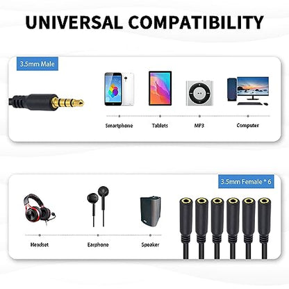 Poyiccot 3.5mm Headphone Splitter, 3.5mm Splitter 1 to 6 Ways 1/8inch TRRS Male to 6 Female Audio Headphone Cord for Earphone, Headset, Laptop, Phone, 1.5ft - size: 3.5mm TRRS Cable 1.5ft