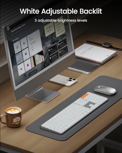 ProtoArc KM100-A Backlit Bluetooth Keyboard and Mouse for Mac, White Silver | Full-Size Mac Layout with Numeric Keypad, 3-Level White Led Backlight, 3-Device Bluetooth, Rechargeable Keyboard and Mouse - color: White Silver